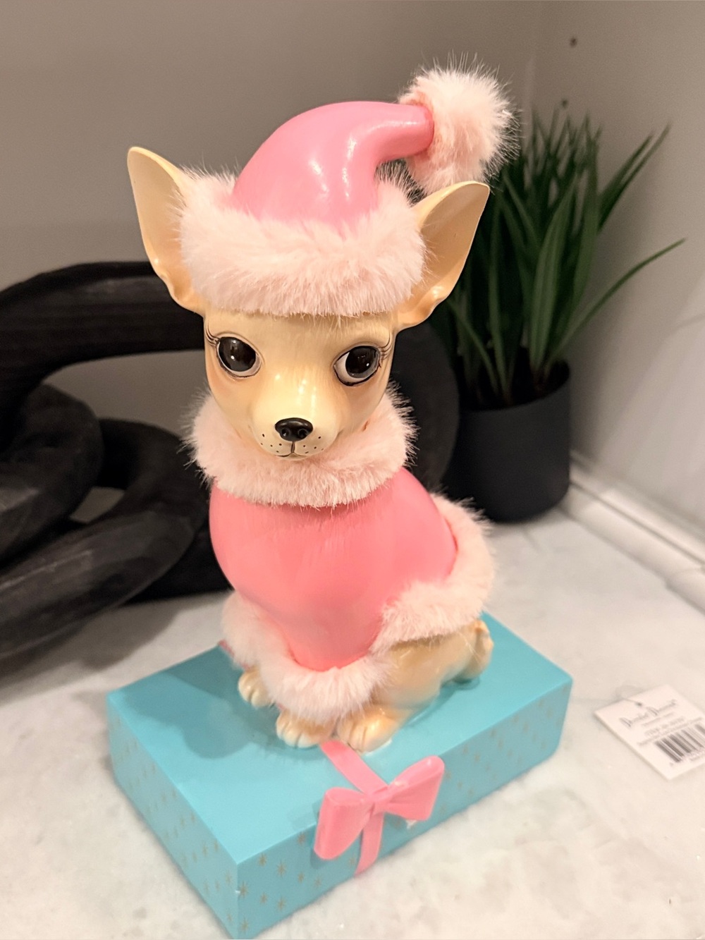 Pink Holiday Dog Figurine Plush-Trim Decorative Pet Statue